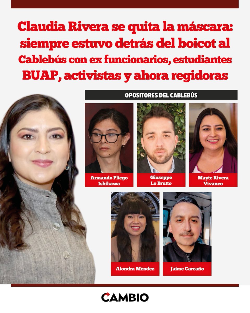 Diario_Cambio's tweet photo. 🎭Claudia Rivera se quita la máscara: siempre estuvo detrás del boicot al Cablebús con ex funcionarios, estudiantes BUAP, activistas y ahora regidoras

La aprobación de los predios para el Cablebús exhibió la oposición encabezada por el grupo político de Claudia Rivera Vivanco, quienes durante meses cuestionaron el proyecto

#diariocambio #Puebla @RiveraVivanco_
