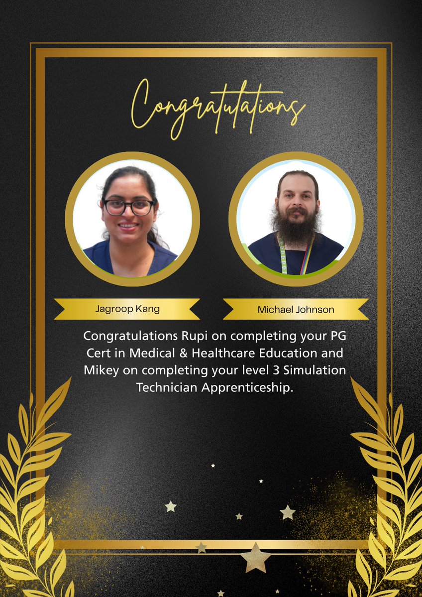GEHClinEd's tweet photo. Congratulations Rupi on completing your PG Cert in Medical &amp; Healthcare Education and Mikey on completing your level 3 Simulation Technician Apprenticeship. @GEHNHSnews https://t.co/vvLJcE0evc