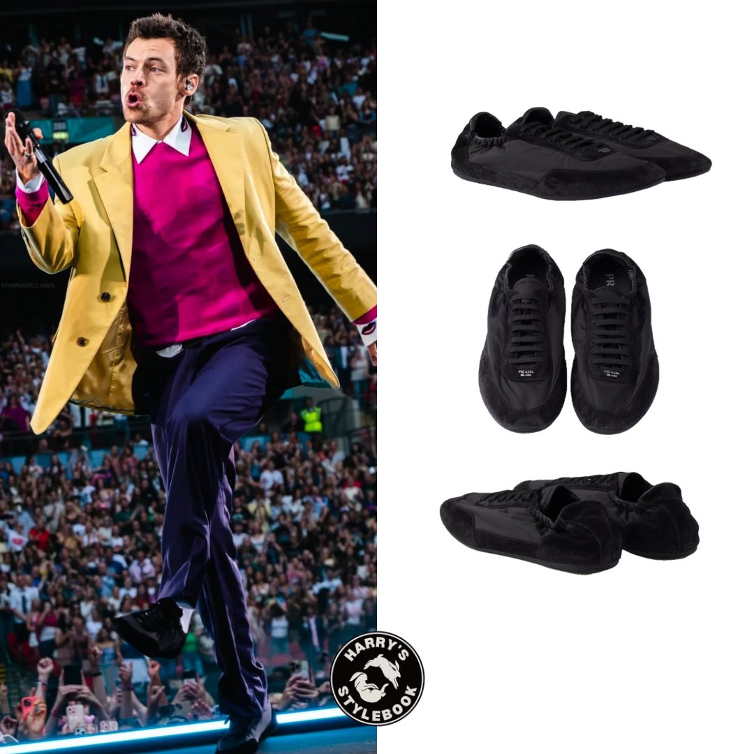 harrysstylebook's tweet photo. Paired with #Leset ‘The Margo - Amaranth’ shirt ($78), @Prada Collapse Re-Nylon and suede elasticized sneakers in black ($1,050) and a vintage @Cartier ‘Tank Louis’ watch. https://t.co/7o4i6gGs0W