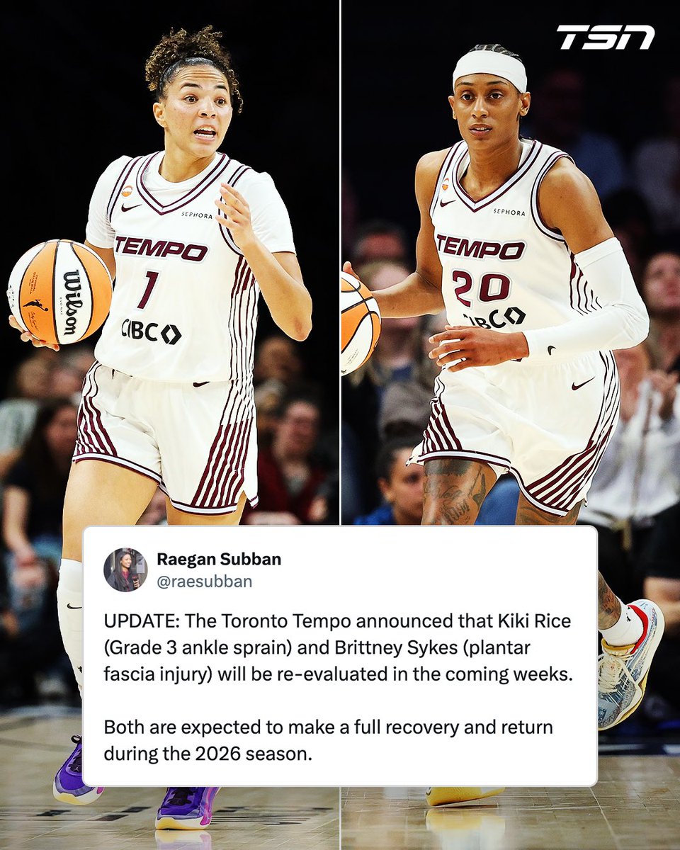 TSN_Sports's tweet photo. The Toronto Tempo have released injury updates on Kiki Rice and Brittney Sykes.

Both players will be re-evaluated in the coming weeks and are expected to return this season.
 (H/T: @raesubban) https://t.co/Je7w1b36Ul