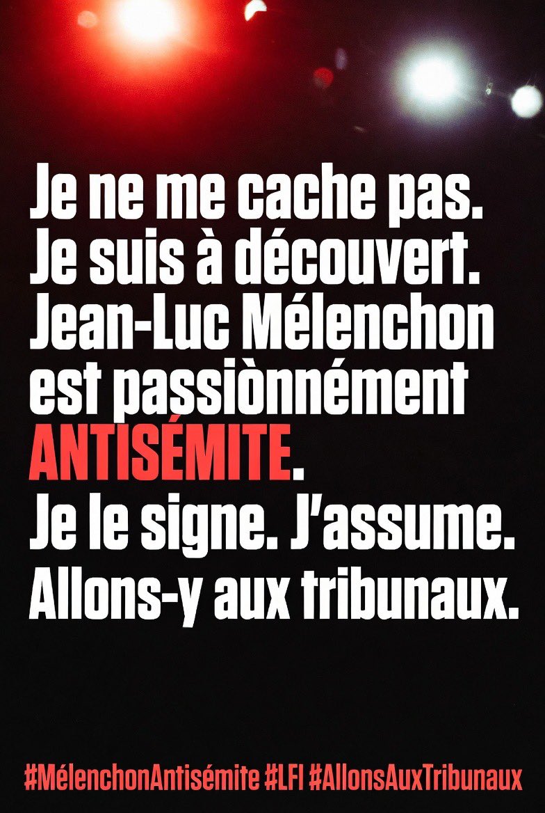 Guigz75116's tweet photo. Je le dis clairement, en mon nom propre, sans anonymat ni filtre : Jean-Luc Mélenchon est passionnément antisémite.

Je ne me cache pas. Je suis à découvert. Contrairement à tous les rats mélenchonistes sous pseudo et leurs raids numériques qui me tombent dessus en meute.

Je le pense, je le signe, et j’en assume toutes les conséquences. Les meutes LFI peuvent bien se jeter sur moi comme d’habitude, hurler à la « diffamation », me harceler, me menacer ou m’insulter : ça ne changera rien à la réalité que j’observe depuis des années.

Les alliances avec des islamistes radicaux, les discours qui flirtent en permanence avec les tropes antisémites classiques, le refus systématique de condamner clairement les attaques contre les Juifs de France, les amalgames permanents entre Israël et les Juifs de la diaspora, les silences assourdissants quand des synagogues brûlent ou que des enfants juifs sont assassinés… Tout cela ne relève plus de la simple critique politique. C’est une passion antisémite assumée, habillée des oripeaux de « l’antisionisme ».

Vous criez à la diffamation ? Très bien. Allons-y aux tribunaux. Déposez vos plaintes, mobilisez vos avocats, traînez-moi devant la justice. Je me tiendrai prêt, dossiers à l’appui, et je répéterai mot pour mot ce que je viens d’écrire. La vérité ne recule pas devant un juge.

Je ne me cache pas. Je suis à découvert.

 Mais de plus en plus de Français, y compris à gauche, voient clair dans votre jeu. 

La vérité finit toujours par sortir.

Je reste debout. 

Je signe de mon nom.

Je ne me tairai pas. 

Jean-Luc Mélenchon est passionnément antisémite.
#MélenchonAntisémite #LFI #AllonsAuxTribunaux
