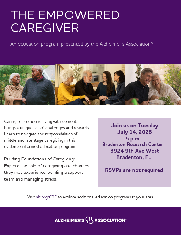 Research_BRC's tweet photo. Caring for someone with dementia? Join The Empowered Caregiver, an educational program from the Alzheimer's Association. Learn practical strategies for middle and late-stage caregiving.

📅 July 14, 2026
🕔 5 PM
📍 Bradenton Research Center
#BradentonFL #DementiaCare https://t.co/fvzFnbpYOG