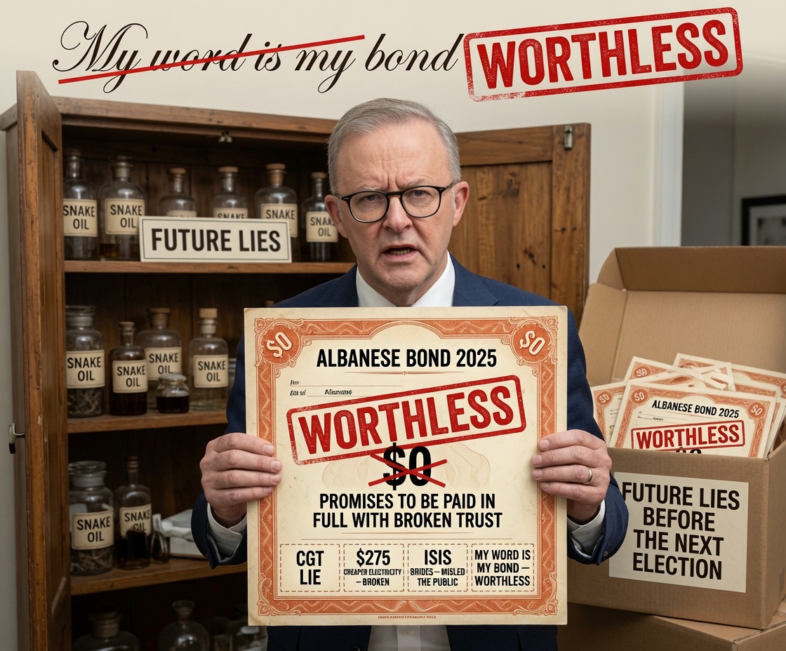 GaryNoddy's tweet photo. @craigkellyAFEE Albanese has released the Albanese Bond, to be issued to anyone who donates $27 to the ALP. (Note, the 27 is 10% of the $270 cheaper electricity we were supposed to get) Unlike real Bonds, the Albanese Bond is a worthless piece of paper, just like his word. https://t.co/DsD3sAeyrE