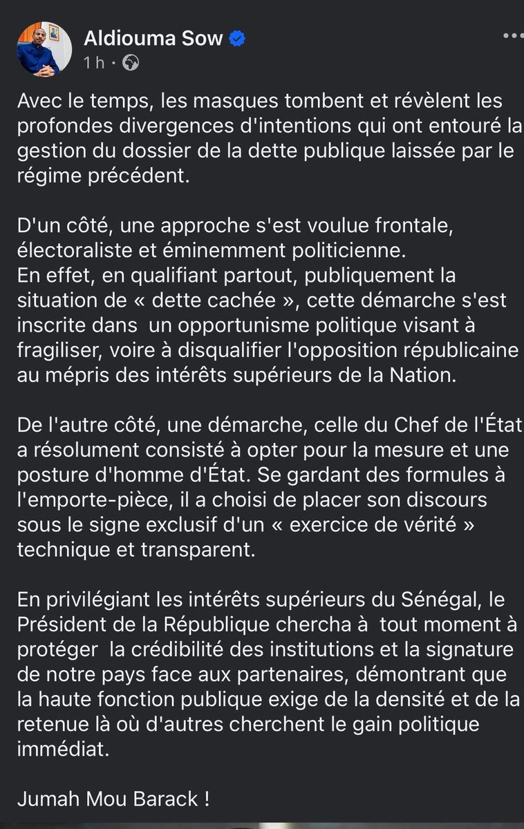 Diomassy1's tweet photo. Aldiouma Sow ,je suis désolé, mais les faits sont têtus. Le Président de la République Bassirou Diomaye Faye a lui-même confirmé, lors de son entretien télévisé, l’existence de ce que son Premier ministre Ousmane SONKO qualifiait de dette cachée.

Dès lors, il devient difficile de faire porter la responsabilité de cette déclaration à un seul homme. Le Président de la République, le gouvernement et son ancien Premier ministre ont défendu la même version des faits devant les Sénégalais.

Aujourd’hui, au lieu de chercher des boucs émissaires ou de réécrire l’histoire, le pouvoir devrait assumer pleinement ses déclarations et leurs conséquences.@SonkoOfficiel @MC_AldioumaSOw @PR_Diomaye @aliounetine16