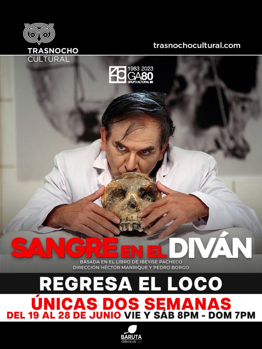 manriquehector's tweet photo. Hoy vuelvo con este espectáculo.
Hoy lo creo tan necesario como el primer día.
En un país de gente que se cree encantadora y que a lo sumo es encantable, ver el daño que hace un manipulador con poder siempre es pertinente.
Las veces que me he encontrado con alguien que me dice, yo no quiero ver esa obra porque Chirinos me caía mal, siempre pienso, qué de Chirinos tienes tú que no quieres ver reflejado.
El teatro fue creado para que el hombre se vea a sí mismo y procure ser mejor.
Nosotros en el Grupo Actoral 80, hacemos “SANGRE EN EL DIVÁN, el extraordinario delirio del Dr Chirinos”, con la convicción de que nos ayuda a ser mejores personas.

Los esperamos a partir de hoy.

📍 Trasnocho Cultural
🗓️ Solo 6 funciones (Vie 8pm | Sáb 8pm | Dom 7pm)
🎟️ $10 (Vie) / $12 (Sáb y Dom)
📲 Entradas vía WhatsApp: +58 414-6913811 o en taquilla.

@GrupoActoral_80 #Teatro #SangreEnElDivan #Caracas