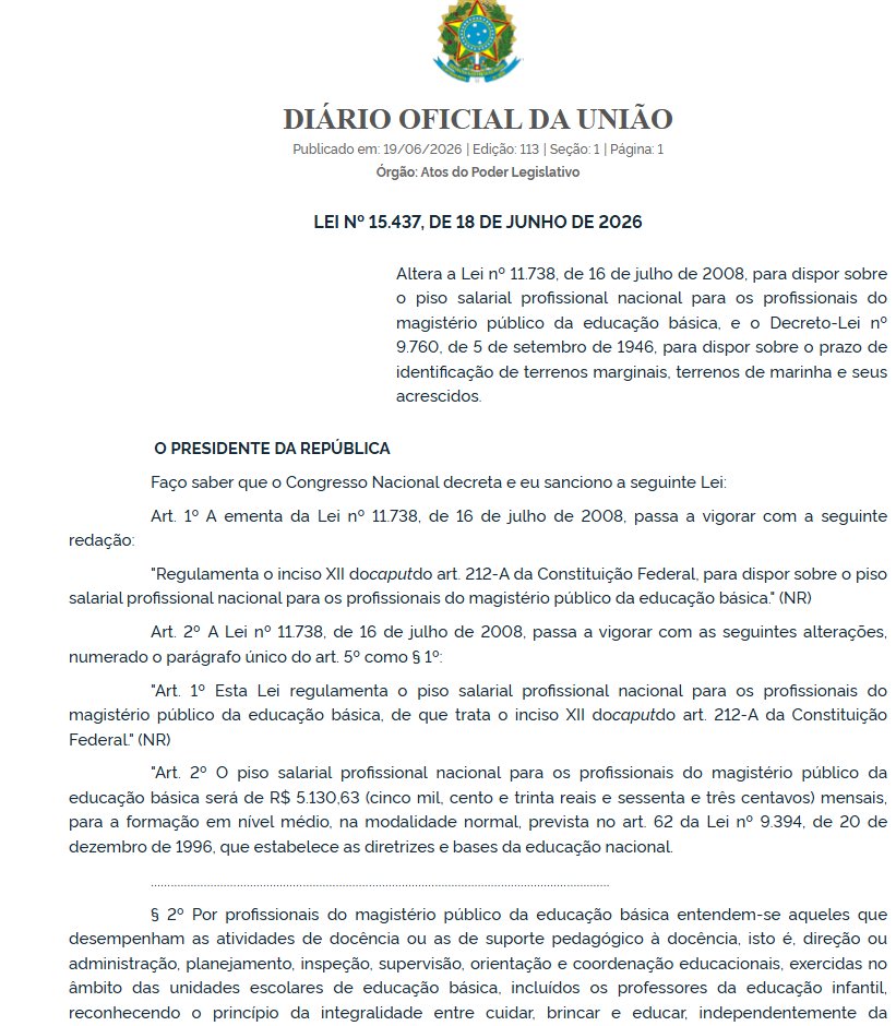 rf5791's tweet photo. 🚨 Novo piso salarial dos professores! 

A Lei 15.437/2026 foi publicada hoje no Diário Oficial. O salário base nacional para o magistério da educação básica agora é R$ 5.130,63!

#Educação #Professores #PisoSalarial #Notícias https://t.co/zvwlg9MGau