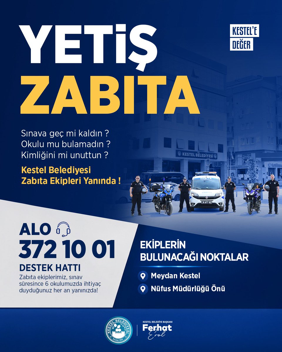 FerhatErol79's tweet photo. Sevgili gençler;
YKS heyecanı yaşayan gençlerimizin sınav günü herhangi bir mağduriyet yaşamaması için zabıta ekiplerimiz görev başında olacak. 

Siz hayallerinize odaklanın, Kestel Belediyesi olarak biz her zaman yanınızdayız.

Şimdiden hepinize zihin açıklığı ve başarılar diliyorum.
