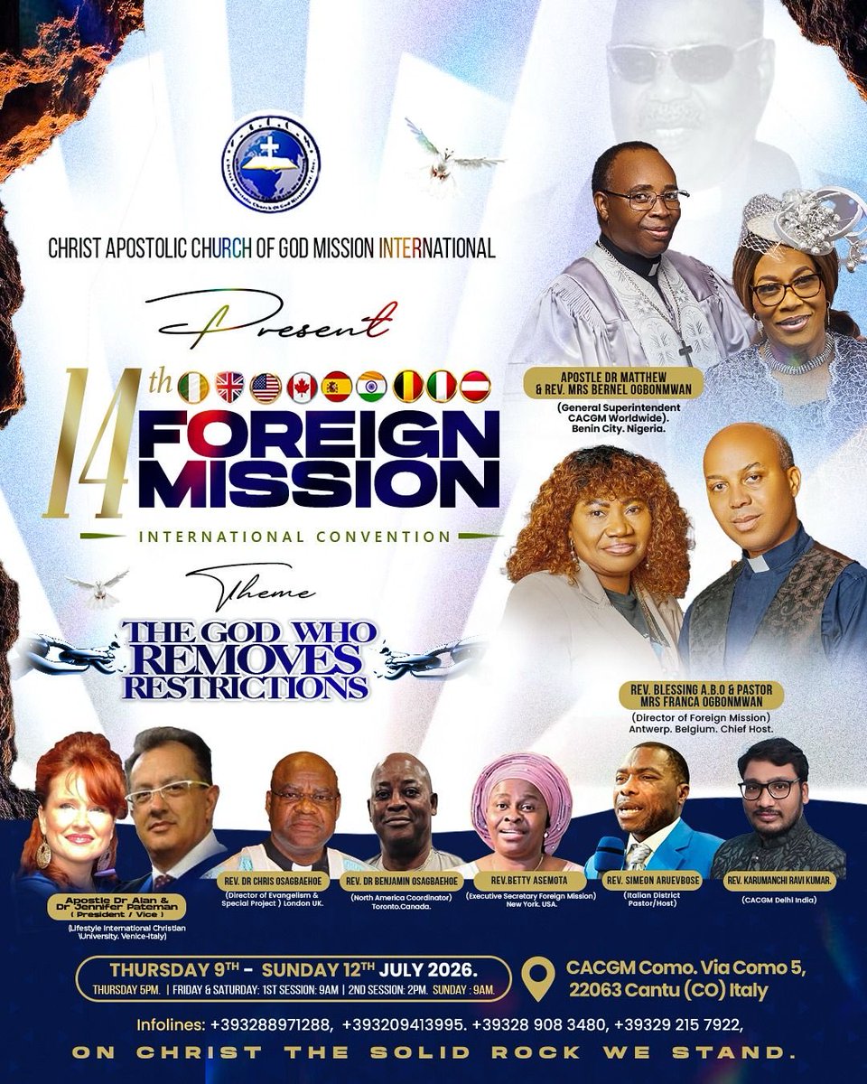 ApostleDrAlan's tweet photo. In 20 days we will be celebrating along with Christ Apostolic Church of God Mission International at their 14th Foreign Mission Convention, at Lake Como, Italy.

Jenny and I will be teaching and ministering on the Friday. Look forward to seeing you all there. https://t.co/f6ZBFbi8W0