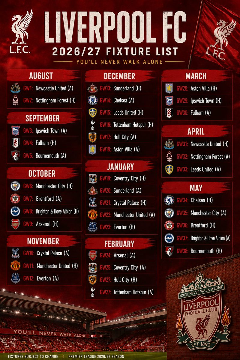 Chrisdonfx's tweet photo. Liverpool premier League fixtures 2026/27 https://t.co/42NM6CpCB6