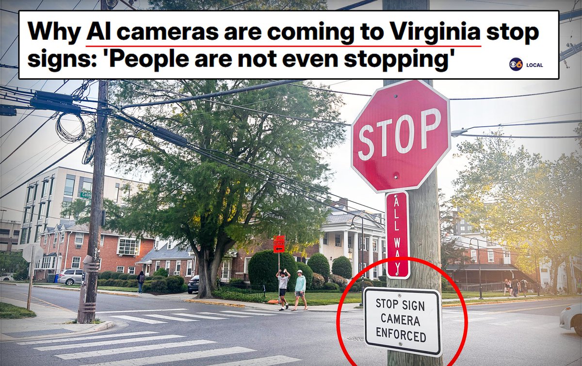 JasonBassler1's tweet photo. ⚠️ Virginia is now rolling out AI‑equipped stop signs.

It will log drivers, and auto‑report to police.

Safety is always the sales pitch.

Do we really want every aspect of our lives to become an AI‑police zone, data‑harvesting checkpoint?

Virginians, stop this madness. https://t.co/xRDMnWfQQI