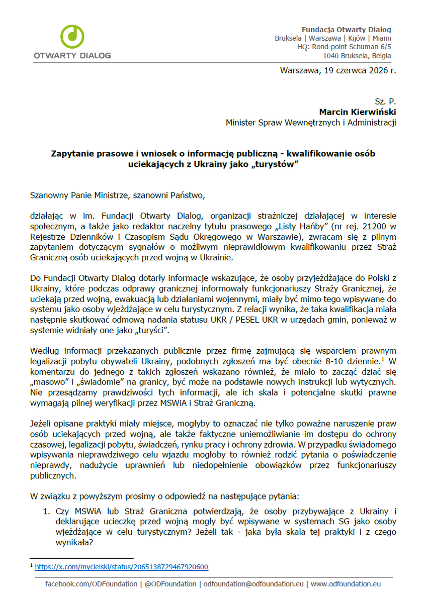 mycielski's tweet photo. @K_Galecka Zgodnie z zapowiedzią, w zw ze zignorowaniem publicznego zapytania, złożyliśmy do @MSWiA_GOV_PL zapytanie prasowe i wniosek o inf. publiczną.
Ministerstwo ma ustawowo 14 dni na odpowiedź. Zobaczymy, na ile poważnie traktują losy setek osób uciekających przed wojną...🕐 https://t.co/sgI1gucJVu