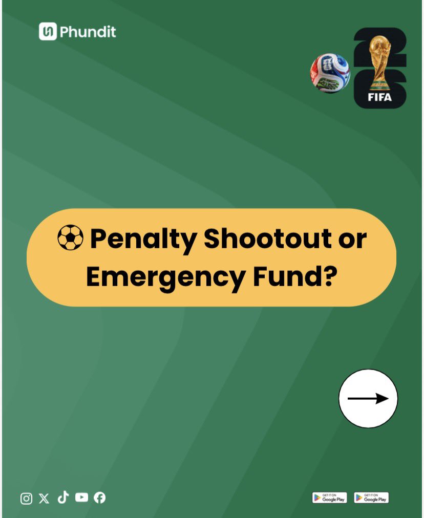 Phund_it's tweet photo. ⚽ Penalty Shootout or Emergency Fund?

Imagine getting hit with:

📱 A broken phone
🚗 Unexpected transport costs
🏥 Medical expenses
🎓 School fees

Would you be ready?

Just like goalkeepers prepare for penalties, smart people prepare for financial surprises.

That’s what an Emergency Fund is for.

Because life’s unexpected moments don’t send invitations.

#WorldCup2026 #EmergencyFund #Phundit