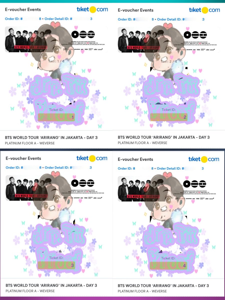 drp_shop's tweet photo. ◦•●◉✿ Proof Checkout Tiket ✿◉●•◦
❃Jastip❃

 ❁BTS WORLD TOUR “ARIRANG” IN JAKARTA (DAY 3) WEVERSE❁

▸ PLATINUM FLOOR A : 4 Tix
▸ PLATINUM FLOOR D : 4 Tix
▸ CAT 3 : 4 Tix

#drp_Tix #방탄소년단 #BTS #BTS_WORLDTOUR_ARIRANG #BTS_WORLDTOUR_ARIRANG_ASIA #BTS_WORLDTOUR_ARIRANG_JAKARTA #BTSinJAKARTA