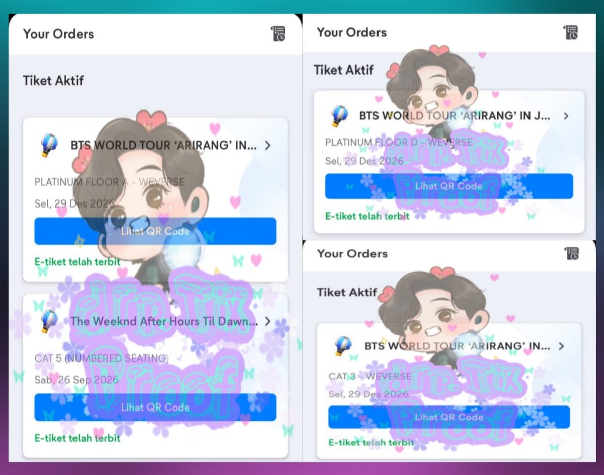 drp_shop's tweet photo. ◦•●◉✿ Proof Checkout Tiket ✿◉●•◦
❃Jastip❃

 ❁BTS WORLD TOUR “ARIRANG” IN JAKARTA (DAY 3) WEVERSE❁

▸ PLATINUM FLOOR A : 4 Tix
▸ PLATINUM FLOOR D : 4 Tix
▸ CAT 3 : 4 Tix

#drp_Tix #방탄소년단 #BTS #BTS_WORLDTOUR_ARIRANG #BTS_WORLDTOUR_ARIRANG_ASIA #BTS_WORLDTOUR_ARIRANG_JAKARTA #BTSinJAKARTA