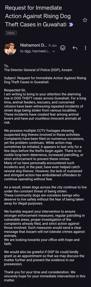 nishamonideka's tweet photo. @DGPAssamPolice  Sir, I had emailed on 11 June regarding the rising dog theft incidents in Assam, especially Guwahati, but have not received any response yet. Animals deserve protection too, and we are eagerly awaiting the intervention and support of DGP Sir on this serious issue https://t.co/YeG9M1NKEa