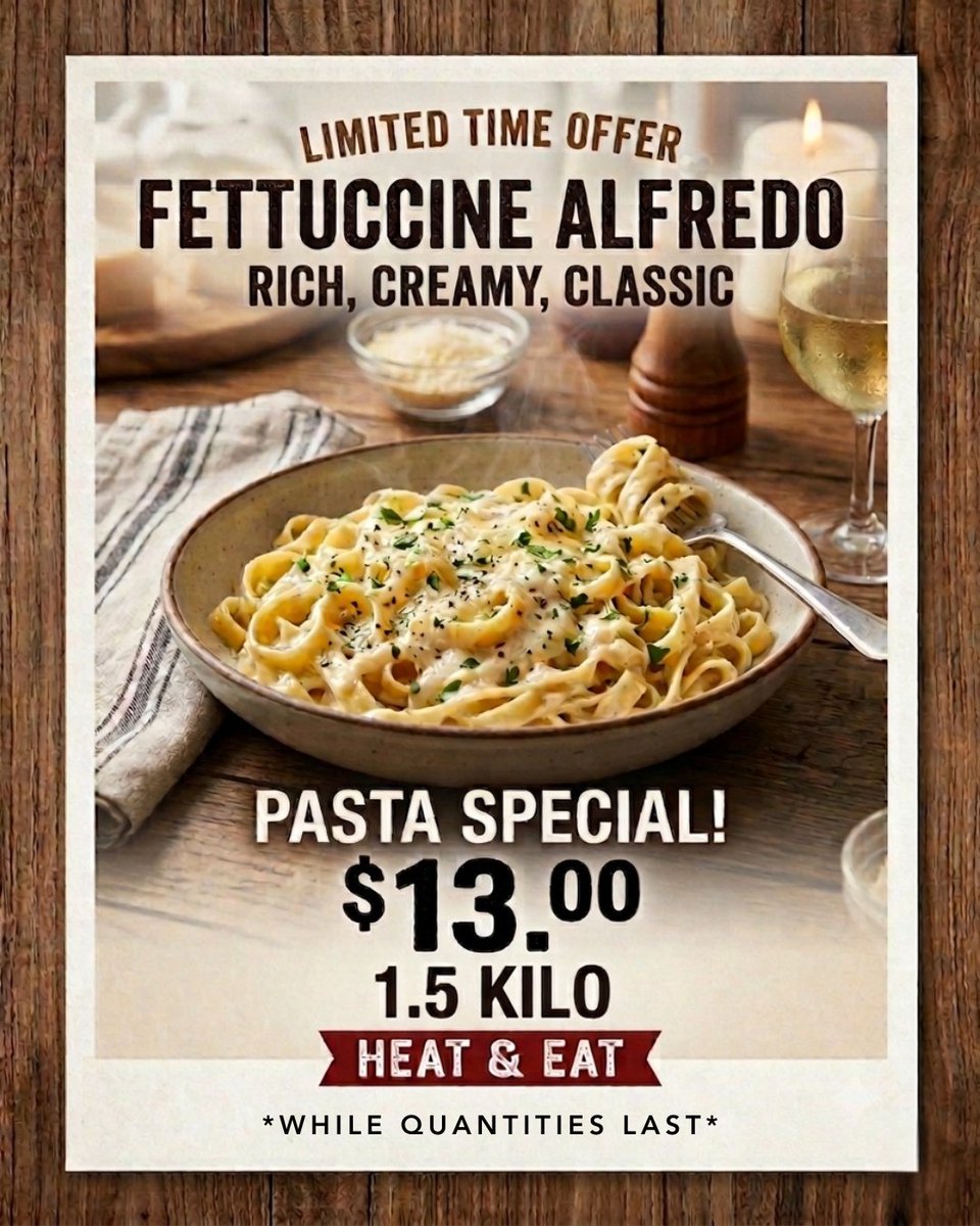 queenspasta's tweet photo. 🍝 Limited Time Offer!

Rich, creamy, classic Fettuccine Alfredo — ready in minutes.

✅ 1.5 kg Heat &amp; Eat
💲13.00

Perfect for an easy family meal. While quantities last!

The Pastabilities are endless!™

#localeats #torontoeats #queenspasta #madeinontario #supportlocal https://t.co/UqFxc7mcfD