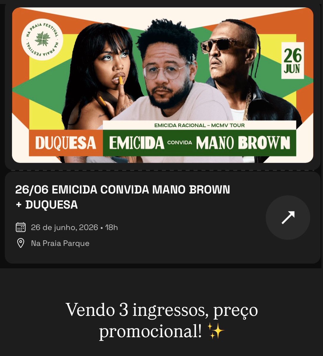 nina_panda928's tweet photo. #napraiafestival Estou vendendo 3 ingressos promocionais ✨

ajude compartilhando - Goiânia - Brasília https://t.co/YFTHvbR16P