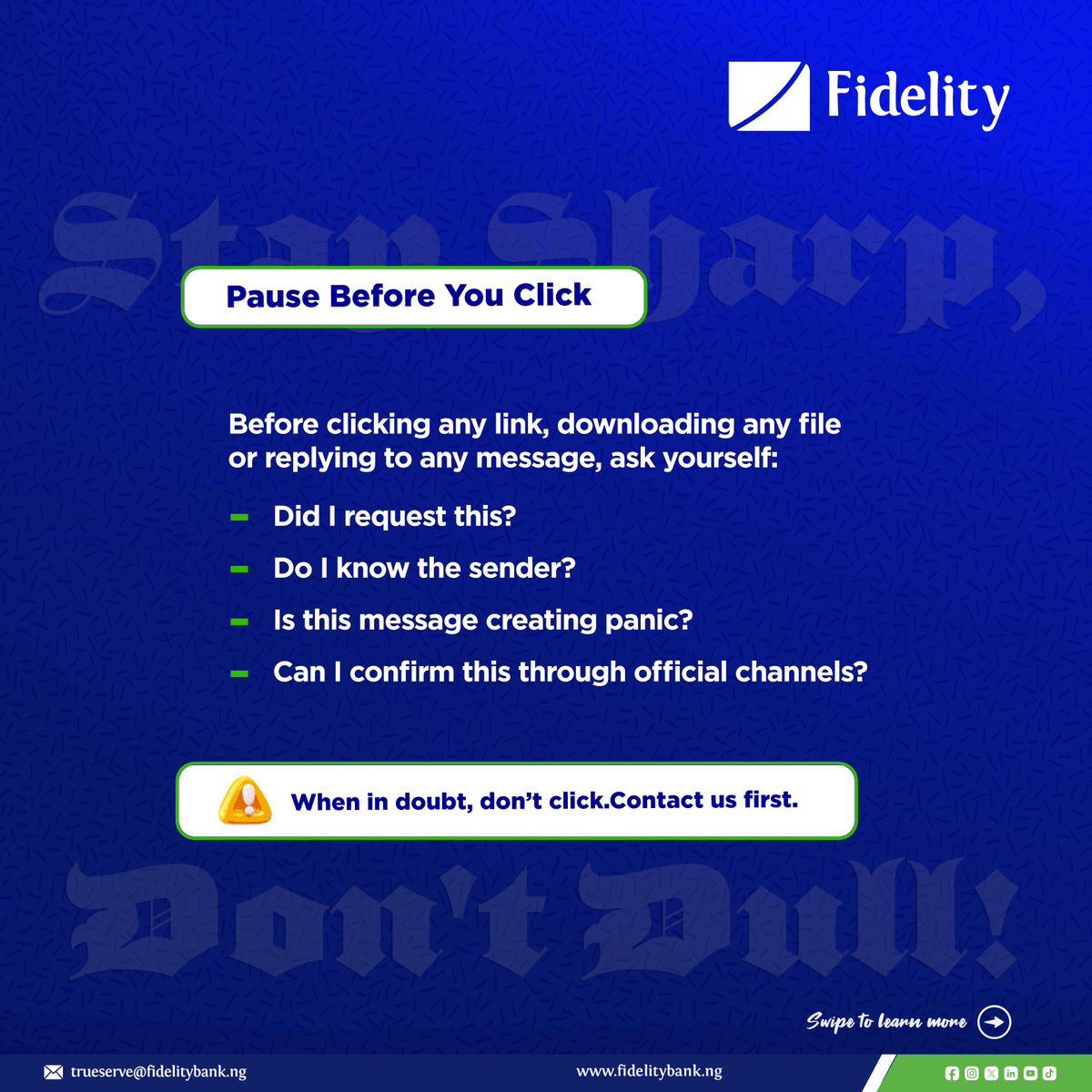 fidelitybankplc's tweet photo. The good news? A few smart habits can help keep your money, data, and identity safe. Swipe through and learn how to protect yourself.
#CyberSecurityAwareness #DigitalSafety #WeAreFidelity #TheLifestyleBank https://t.co/tvWeYoNjvM