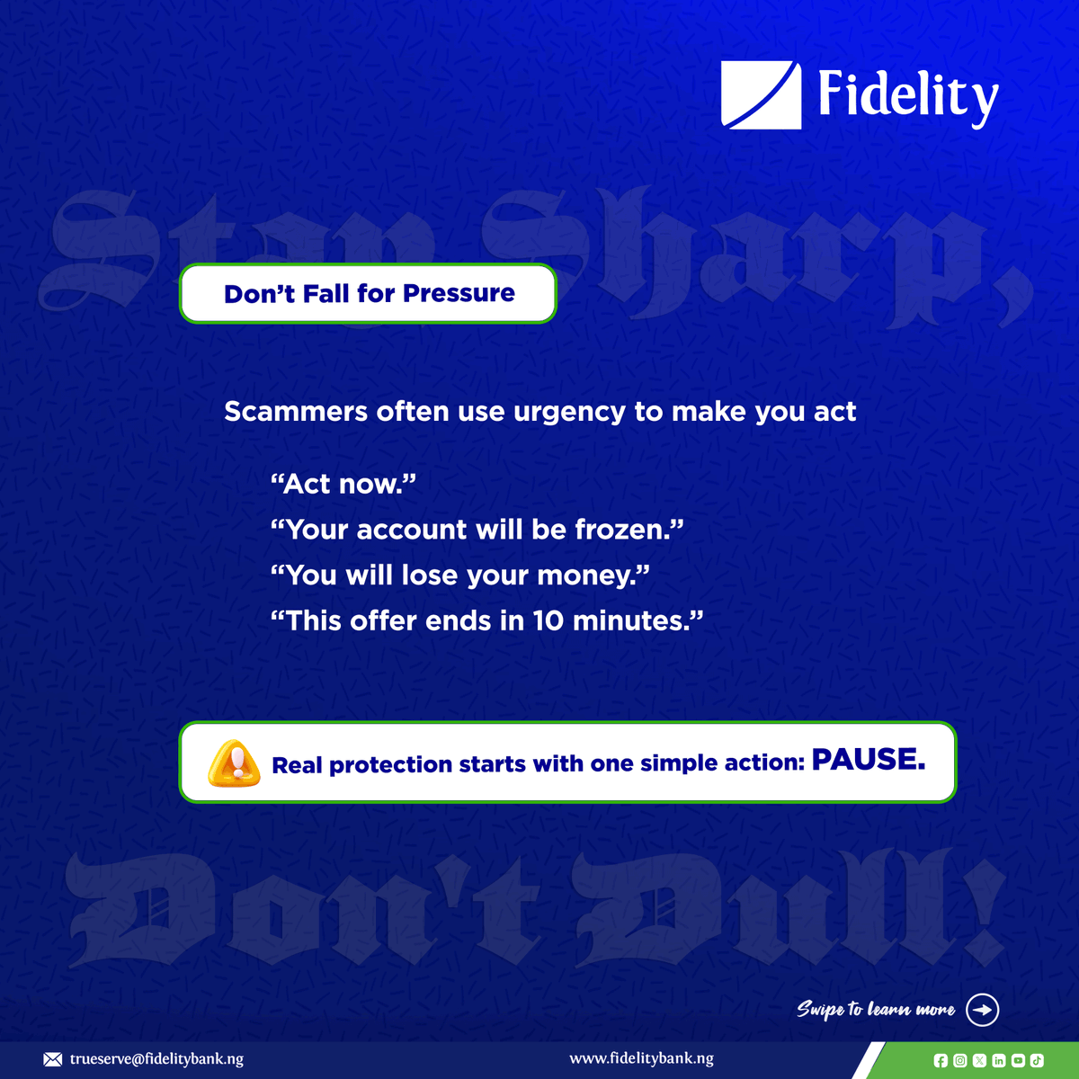 fidelitybankplc's tweet photo. The good news? A few smart habits can help keep your money, data, and identity safe. Swipe through and learn how to protect yourself.
#CyberSecurityAwareness #DigitalSafety #WeAreFidelity #TheLifestyleBank https://t.co/tvWeYoNjvM