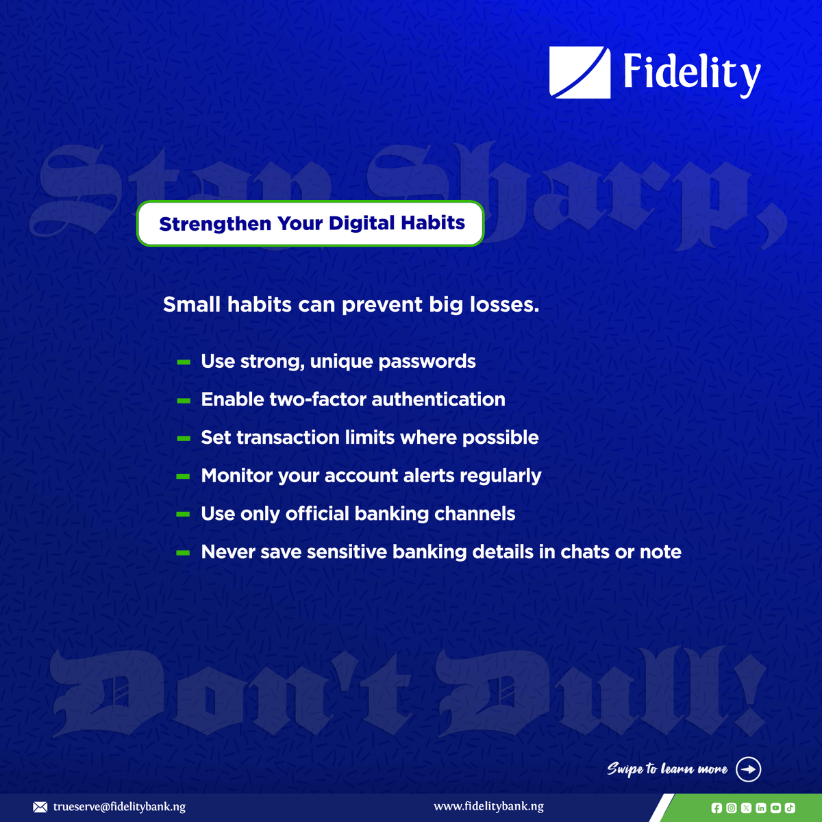fidelitybankplc's tweet photo. The good news? A few smart habits can help keep your money, data, and identity safe. Swipe through and learn how to protect yourself.
#CyberSecurityAwareness #DigitalSafety #WeAreFidelity #TheLifestyleBank https://t.co/tvWeYoNjvM
