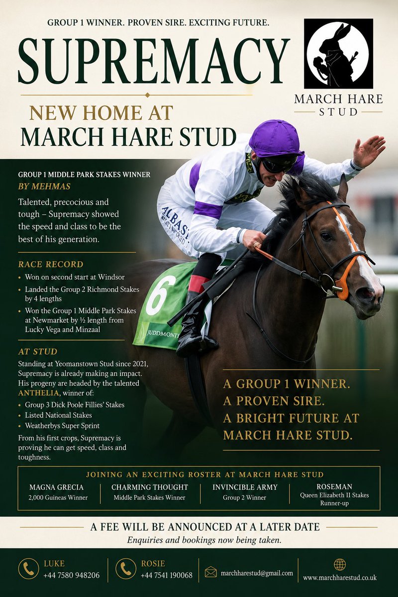 Jordanriley101's tweet photo. March Hare Stud is delighted to announce that Group 1 Middle Park Stakes winner and exciting young sire SUPREMACY will stand at stud in Suffolk for 2027! A proven source of speed and class. Enquiries now being taken!#Supremacy #MarchHareStud https://t.co/Z125Gv9FAm