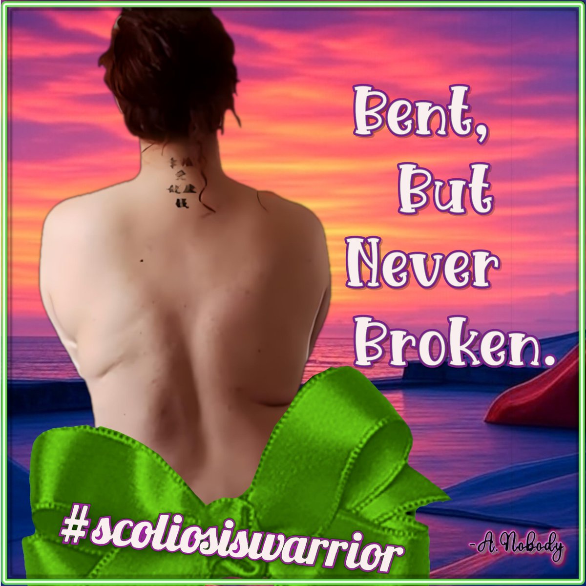 MerchForNobody's tweet photo. 🌿June is Scoliosis Awareness Month.
I was born with a musculoskeletal condition that caused scoliosis. Scoliosis isn’t the disease, it’s the symptom.

They call it “idiopathic” because it’s easier than doing the genetic work to find the real root cause.

Braces and spinal fusion surgery don’t “fix” it.

They manage the curve while the spine keeps rotating, compressing, and curving for life. 
I live with daily pain, arthritis from the hardware, metal seepage, a collapsed lung lobe, uneven hips, a permanent waist crease, and an uneven jaw that’s slowly causing more issues with crowded teeth, because the rotation never stops.

I’m not sharing this for pity.

I have an amazing life and I count my blessings every single day. 💚

What I am sharing is the truth parents deserve to hear:
Scoliosis is no longer “rare.” The numbers are climbing fast (yes, even Barbie made a doll).

Your child doesn’t have to follow the same path I did.

Parents...advocate harder.

👉🏽Push for genetic testing instead of settling for “idiopathic.”  
👉🏽Question the default brace that limits mobility.  
👉🏽Question the rush to surgery that will stunt growth.  
👉🏽Ask about approaches that work with the body instead of forcing it into submission.

Scoliosis is a lifelong diagnosis, but it doesn’t have to be a lifelong battle.Your child’s body is incredibly resilient when you stop fighting against it and start working with it.Ask the hard questions. Do the research.

Demand better answers than “this is just what we do.”The next generation of scoliosis kids deserves more options than we were given.

Share this if you know a parent who needs to hear it.
Let’s change the conversation.  #ScoliosisAwarenessMonth #ScoliosisWarrior #ScoliAwareness #GreenRibbon #BentButNeverBroken