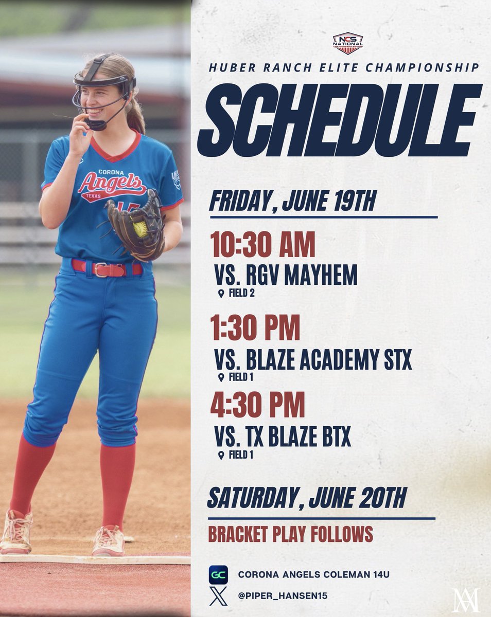 piper_hansen15's tweet photo. READY TO PUT IN THE WORK!!!

📍 Huber Ranch - Sequin, Texas
⏰ 10:30 AM vs RGV Mayhem – Field 2 ⏰ 1:30 PM vs Blaze Academy STX – Field 1 ⏰ 4:30 PM vs TX Blaze BTX – Field 1

#SoftballRecruiting #Fastpitch #StudentAthlete #coronaangelscoleman https://t.co/zDMXXGlww0