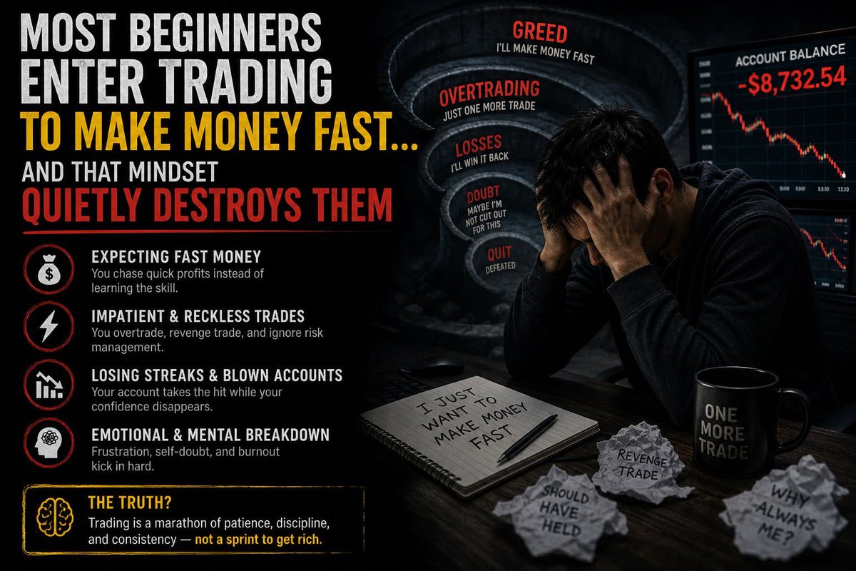 Cfxinsights's tweet photo. Dangerous mindset:

“I want fast money from trading.”

That thinking quietly destroys many beginners.

Why?

Because urgency creates bad decisions.

And bad decisions empty accounts.

Question:

What hurts beginners more?

👇

#ForexTrading #CryptoTrading #TradingPsychology https://t.co/8BwrKrqpHn