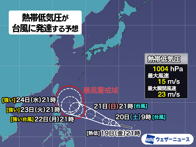 wni_jp's tweet photo. 【台風発生予想】
6月19日(金)21時現在、マリアナ諸島で発達中の熱帯低気圧について、気象庁は「24時間以内に台風に発達する見込み」と発表しています。次に台風が発生すると「台風7号」と呼ばれることになります。
今後の進路に注意してください。
https://t.co/yeJu2wrSKe https://t.co/ylG0j5OmtE
