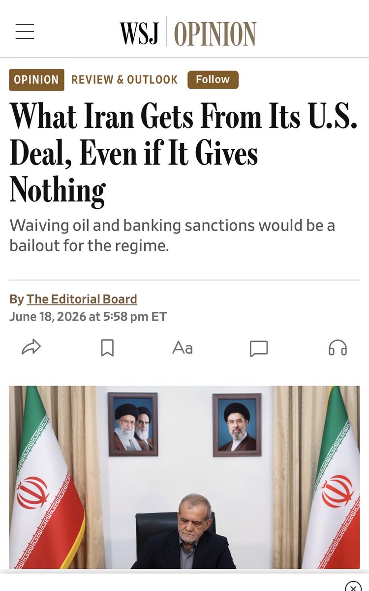 Mike_Pence's tweet photo. What Iran Gets From Its U.S. Deal, Even if It Gives Nothing:

“The memorandum of understanding gives it plenty before securing commitments of substance on the nuclear program, let alone on missiles or proxies. That’s U.S. leverage, given up before it’s needed most.”- WSJ https://t.co/xNUqJBAG3U