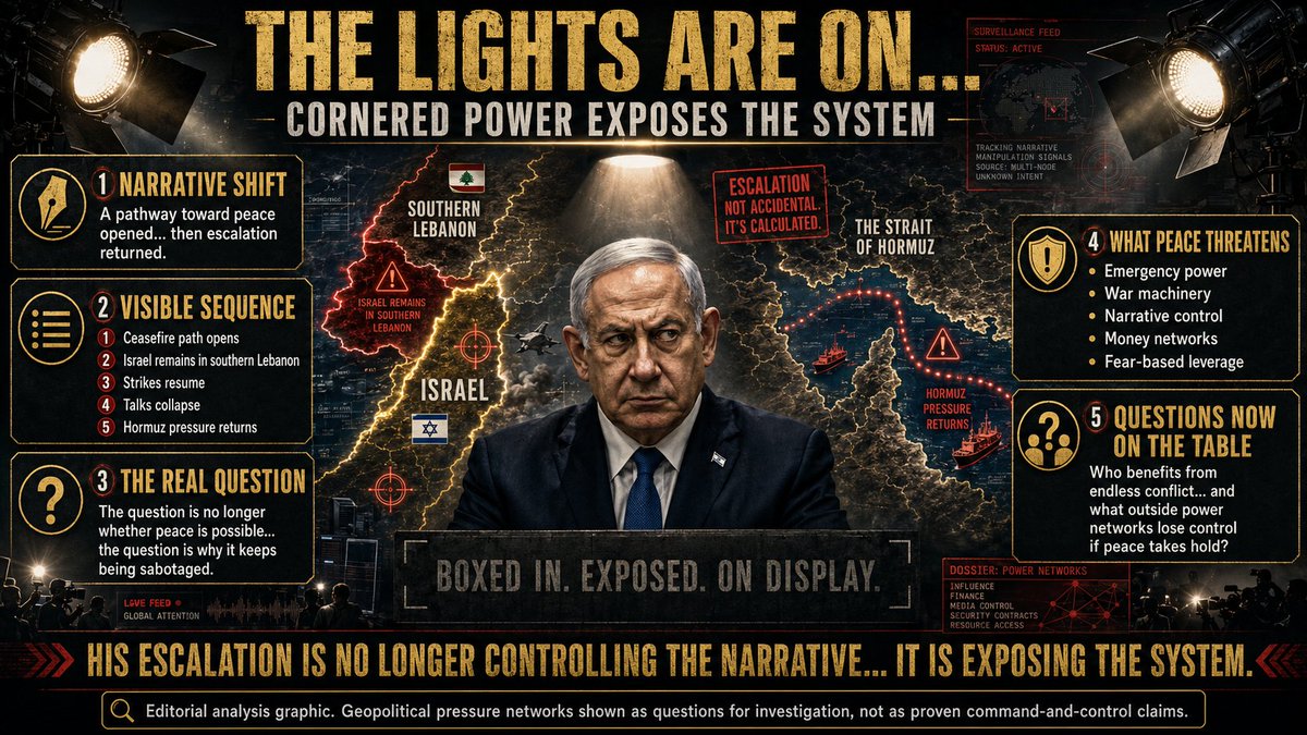 holonabove's tweet photo. This was expected... Netanyahu has been painted into a corner... and cornered power exposes who it serves...

A pathway to peace opened... negotiations moved forward... regional pressure began to ease...

Then Netanyahu escalated...

Israel remained in southern Lebanon... strikes resumed... talks collapsed... Hormuz "closed"... and one government’s refusal to stand down threatened the entire region...

Now the theater lights are on... the world can see who keeps moving against peace...

So the question is no longer whether Netanyahu wants peace... the question is why he cannot allow it...

Because peace ends emergency power... weakens the war machine... exposes the money... opens the files... and removes the fear structure protecting those who depend on permanent conflict...

That is when one begins asking who stands behind him... who benefits... who loses control if the killing stops... this was the aim... the exposure...

CCP interests... City of London finance... intelligence networks... military contractors... transnational power... all becoming clear as the sun rises, bringing truth...

The full chain still requires proof... the pattern already demands investigation...

Netanyahu is no longer using escalation to control the narrative... his escalation is exposing the system...

The lights are on... everyone can now see who keeps reaching for the match...