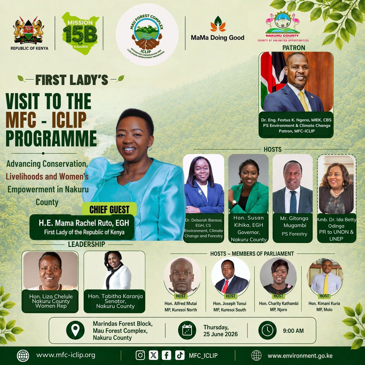 MauForest_iclip's tweet photo. On Thursday, 25th June 2026, H.E. Mama Rachel Ruto, the First Lady of the Republic of Kenya, will visit the Mau Forest Complex Integrated Conservation and Livelihood Improvement Programme (MFC-ICLIP) in Kuresoi North, Nakuru County.

Join us as we champion forest restoration, sustainable livelihoods, and community-led conservation in protecting the Mau Forest Complex for present and future generations.

#MFCICLIP 
#MauForestComplex 
#ForestRestoration 
#ClimateAction #NakuruCounty