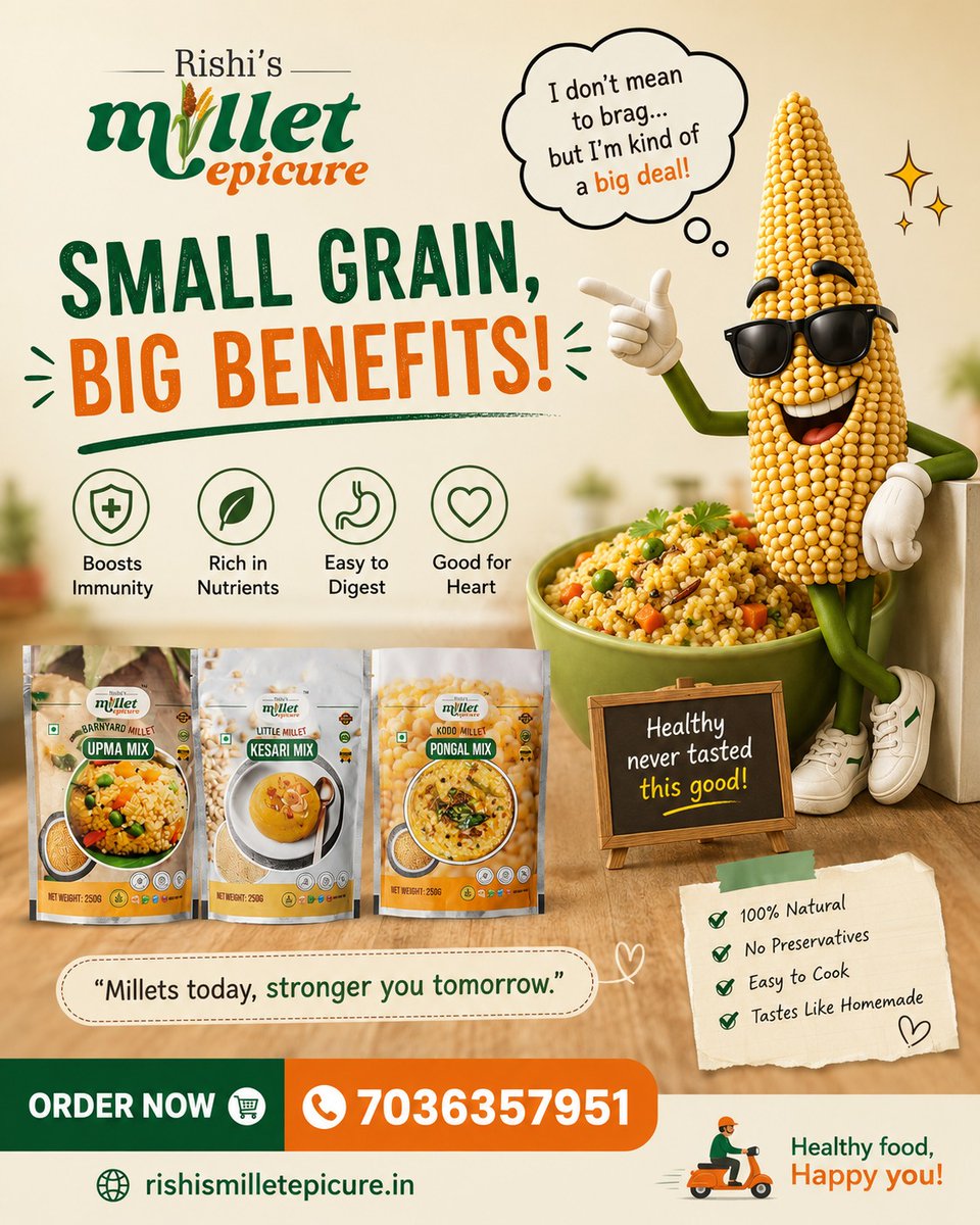 rishimillets's tweet photo. 🌾 Small grain, big benefits! Boost immunity, support digestion, and fuel your day naturally with Rishi's Millet Epicure. Healthy food, happier you! 💚#RishisMilletEpicure #MilletMagic #HealthyEating #MilletPower #BoostImmunity #GutHealth #HealthyLiving #NaturalNutrition #Super https://t.co/q7R9503gnI