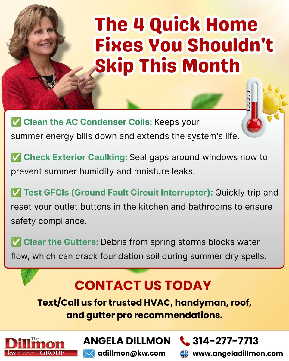 ADillmon's tweet photo. Home maintenance protects your equity. 🛠️ Skip the guesswork on this month's checklist.
Text 314.277.7713 for our top HVAC, handyman, roofing &amp; gutter pro recommendations.
#StLouisRealEstate #HomeTips https://t.co/pcQRzyAEAv