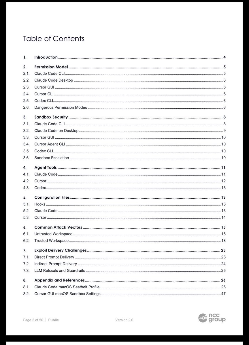 Table of contents from the coding-agent security whitepaper showing sections on permission models, sandbox security, agent tools, prompt injection, MCP, and agent communications