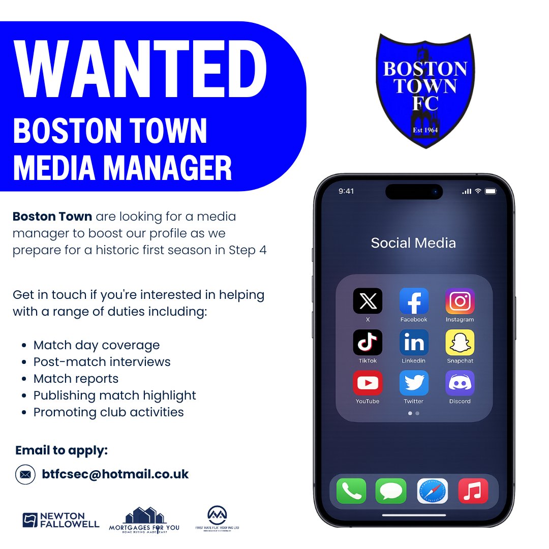 bostontownfc's tweet photo. We're looking for a media manager to join our club as our exciting journey continues in 2026-27
The role will include match day overage and other media duties
If you think you fit the bill - find out more and get in touch!
https://t.co/UGrX0qHCWX https://t.co/VL3yRNwoDf