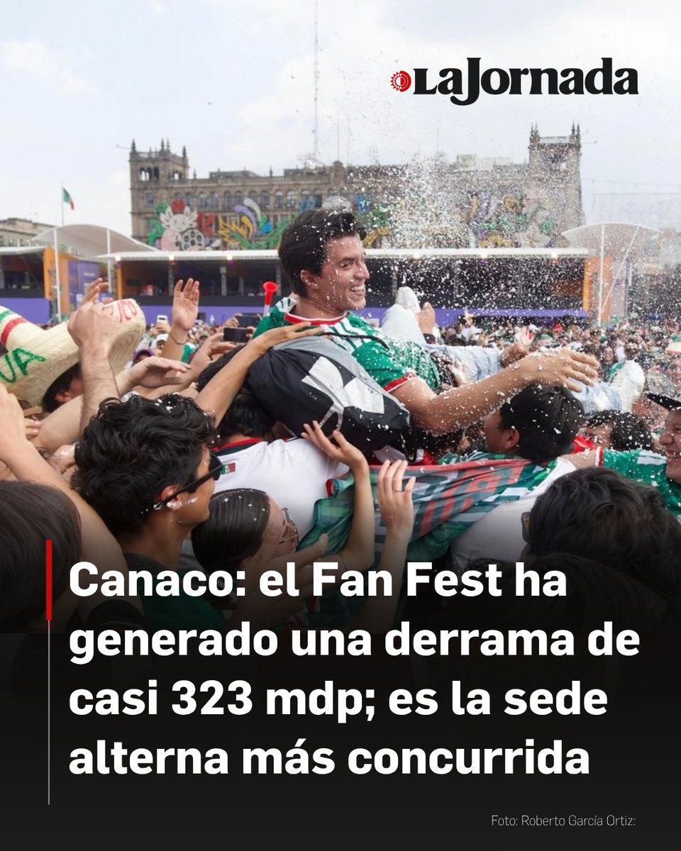 lajornadaonline's tweet photo. Luego de siete días de que comenzó el Mundial de Futbol, en la Ciudad de México se ha generado una derrama económica superior a 322 millones 879 mil pesos tan sólo en el FIFA Fan Fest del Zócalo, derivada del consumo de alimentos y bebidas, así como por los servicios de hospedaje, transporte y entretenimiento, estimó la Cámara Nacional de Comercio, Servicios y Turismo (Canaco) local.

De acuerdo con información de las autoridades locales y la FIFA, el Fan Fest del Zócalo “se ha consolidado como la sede alterna más concurrida del torneo”, al registrar una asistencia promedio aproximada de 82 mil 400 personas por día, es decir, que hasta el momento han acudido 576 mil 800 personas.

Más información en: https://t.co/awwg4aK9UU