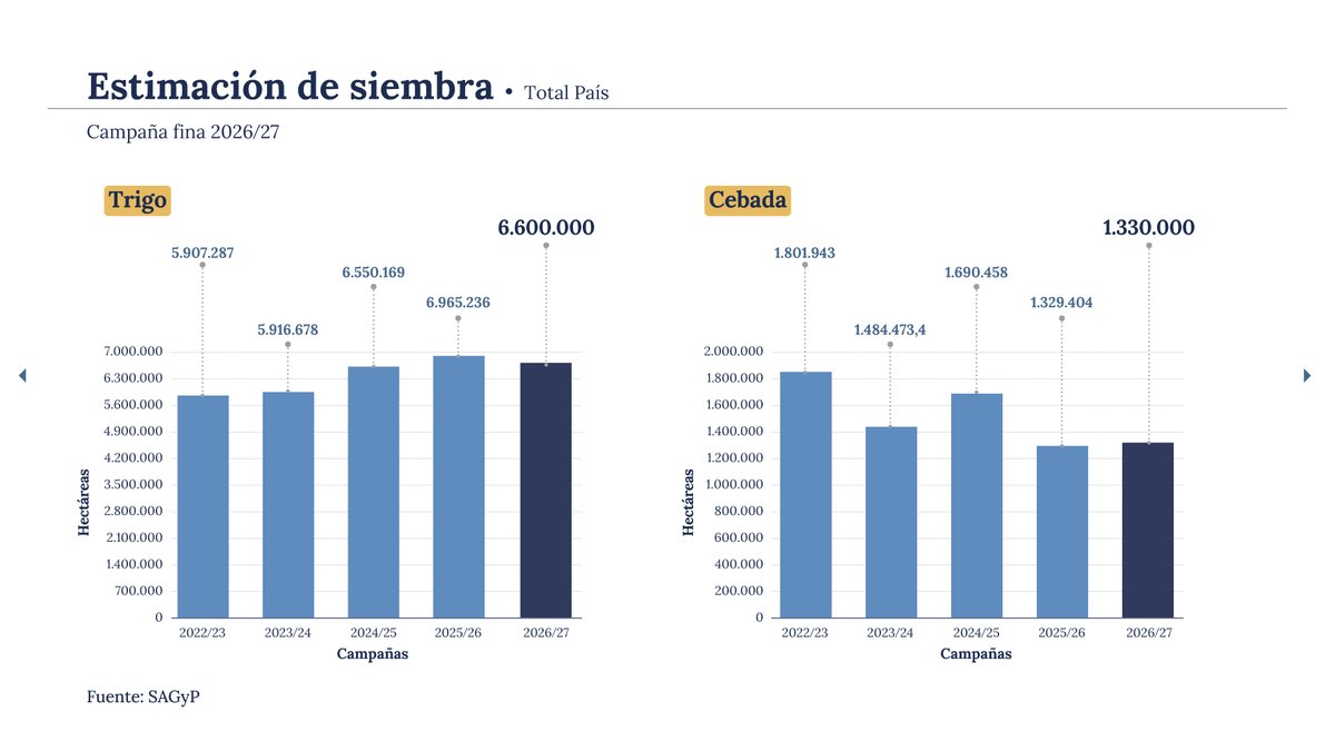 agriculturaar's tweet photo. Las estimaciones de avance de siembra proyectan una muy buena campaña fina 2026/2027, gracias a condiciones favorables que permiten un óptimo desarrollo productivo en gran parte de las regiones agrícolas del país.

Acceso al informe👇
https://t.co/k89h1UH2yE https://t.co/N07n3Xciny