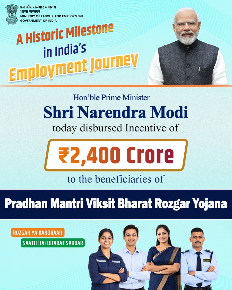 officialepfo's tweet photo. Landmark Moment in Bharat's Employment Journey 🇮🇳
Hon'ble Prime Minister Shri @narendramodi today disbursed incentives worth ₹2,400 crore to beneficiaries under the Pradhan Mantri Viksit Bharat Rozgar Yojana.

#PMViksitBharatRozgarYojana https://t.co/R3ZFpe9baR