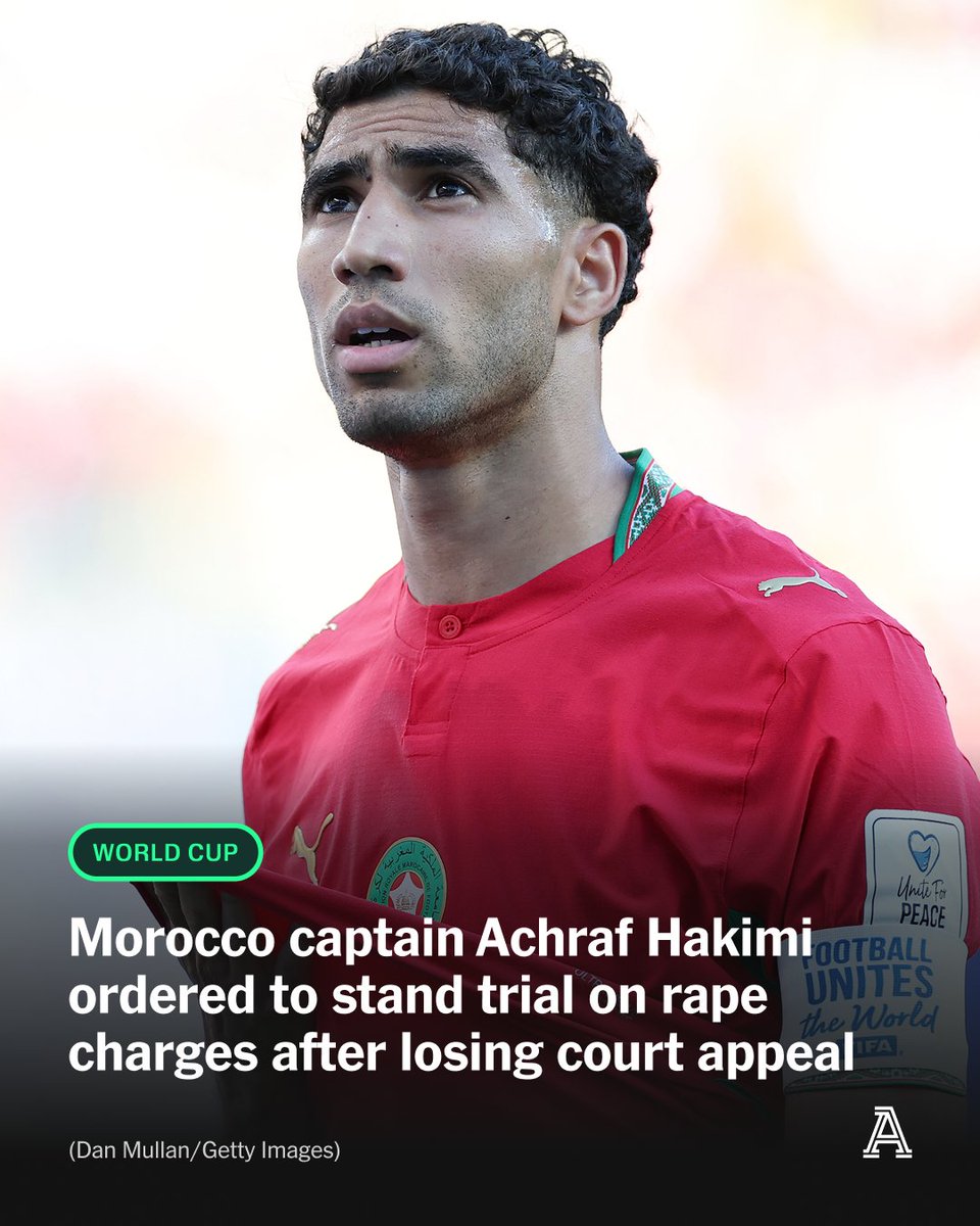 TheAthleticFC's tweet photo. Morocco captain Achraf Hakimi has been ordered to stand trial on rape charges by a French court after losing an appeal.

The Versailles appeal court said in a statement to The Athletic that an investigating chamber had concluded there was sufficient evidence for the Paris Saint-Germain full-back to stand trial.

Hakimi had confirmed in February he was set to face trial. He was charged in March 2023 and has always denied any wrongdoing.

Hakimi said in a statement published on social media that he was “looking forward” to the trial, adding: “Finally, I will be able to speak”.

https://t.co/tjFqWA52kv