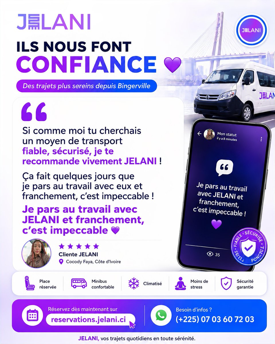 jelani_ci's tweet photo. Merci pour la confiance ! 💜

Chaque retour client nous motive à améliorer les trajets du quotidien depuis Bingerville.

Avec JELANI : place réservée, arrêts définis, minibus confortable et trajet plus serein 🚐💜

Réservez votre place :
https://t.co/JDQydHm9U7

#JELANI #Abidjan https://t.co/h7Zt9C0SZe