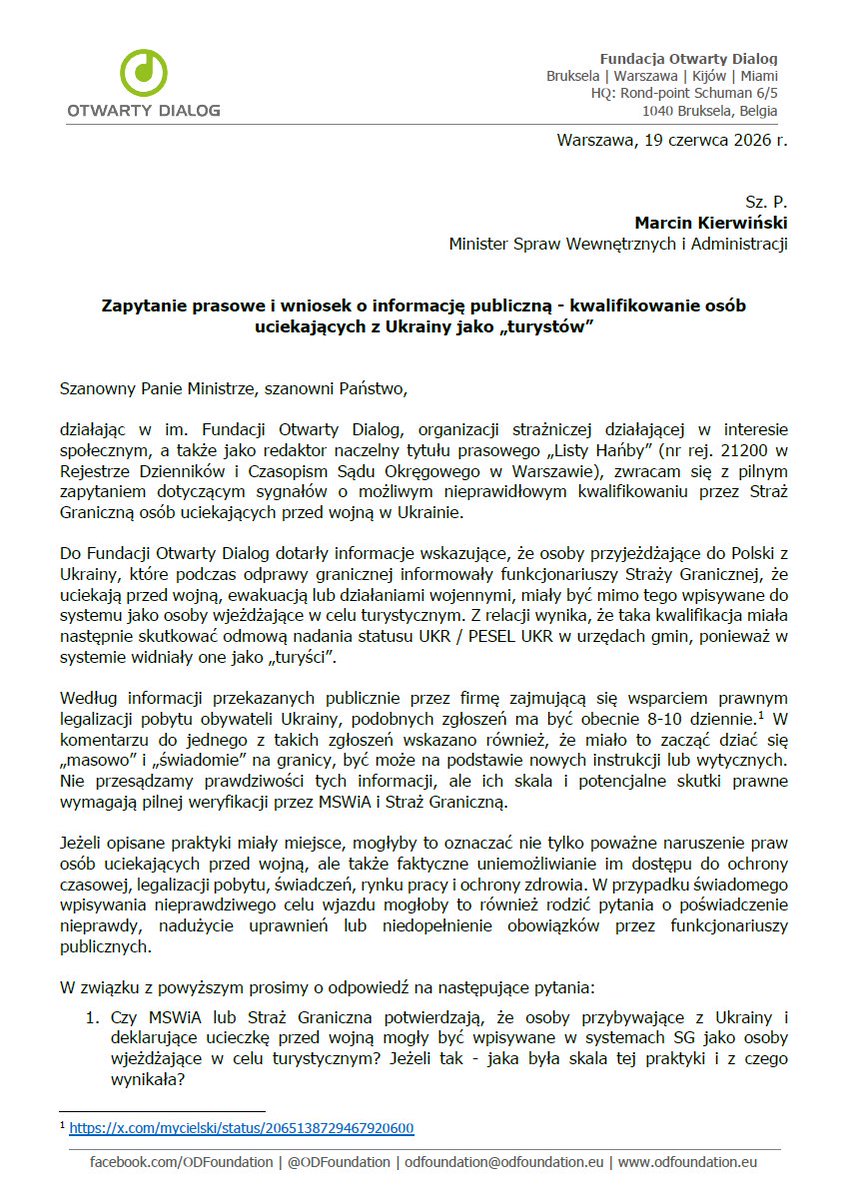 ODFoundation's tweet photo. W zw. z narastającą liczbą zgłoszeń o "cichym przekwalifikowywaniu" przez SG uciekających przed wojną z uchodźców na "turystów", aby nie mogli ubiegać się o ochronę czasową w 🇵🇱, złożyliśmy pilne zapytanie do @MKierwinski @MSWiA_GOV_PL.
Liczymy, że proceder okaże się nieprawdą. https://t.co/3HZEYlSZBZ
