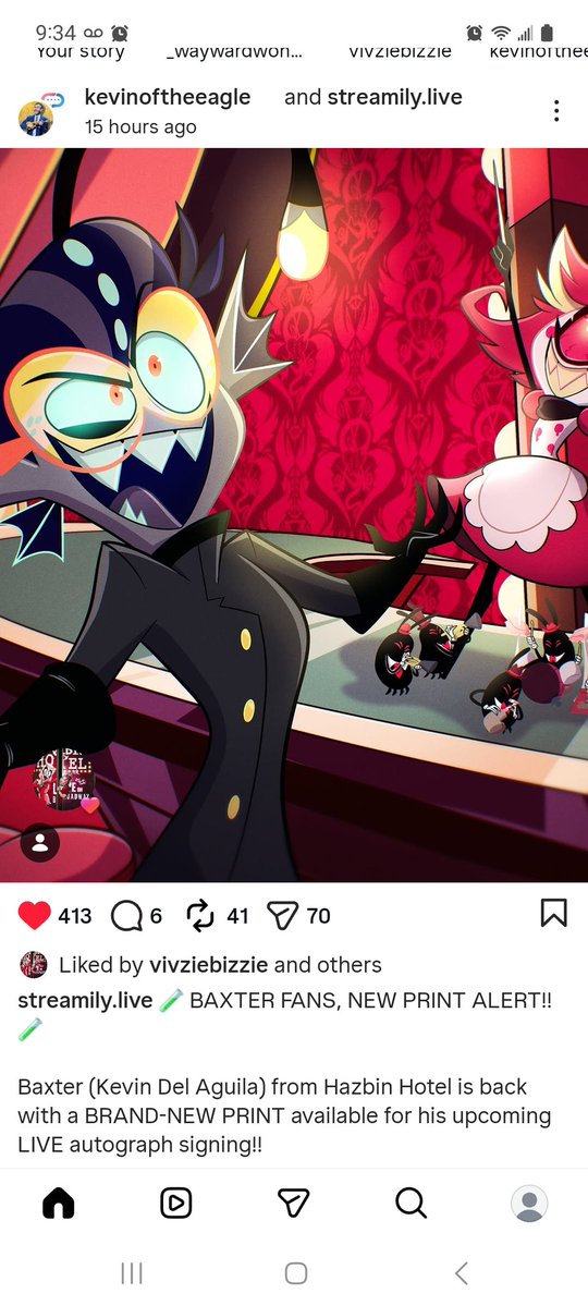 MarrieIzzy's tweet photo. Full art for the Streamily Baxter print has been revealed! Kevin's Streamily page still says 6/29th, and with the coloring being done, I have faith we'll finally get to see this signed. As a reminder, the signing is open to the public and will be on Instagram
#HazbinHotelBaxter https://t.co/9T2RXUS7NX