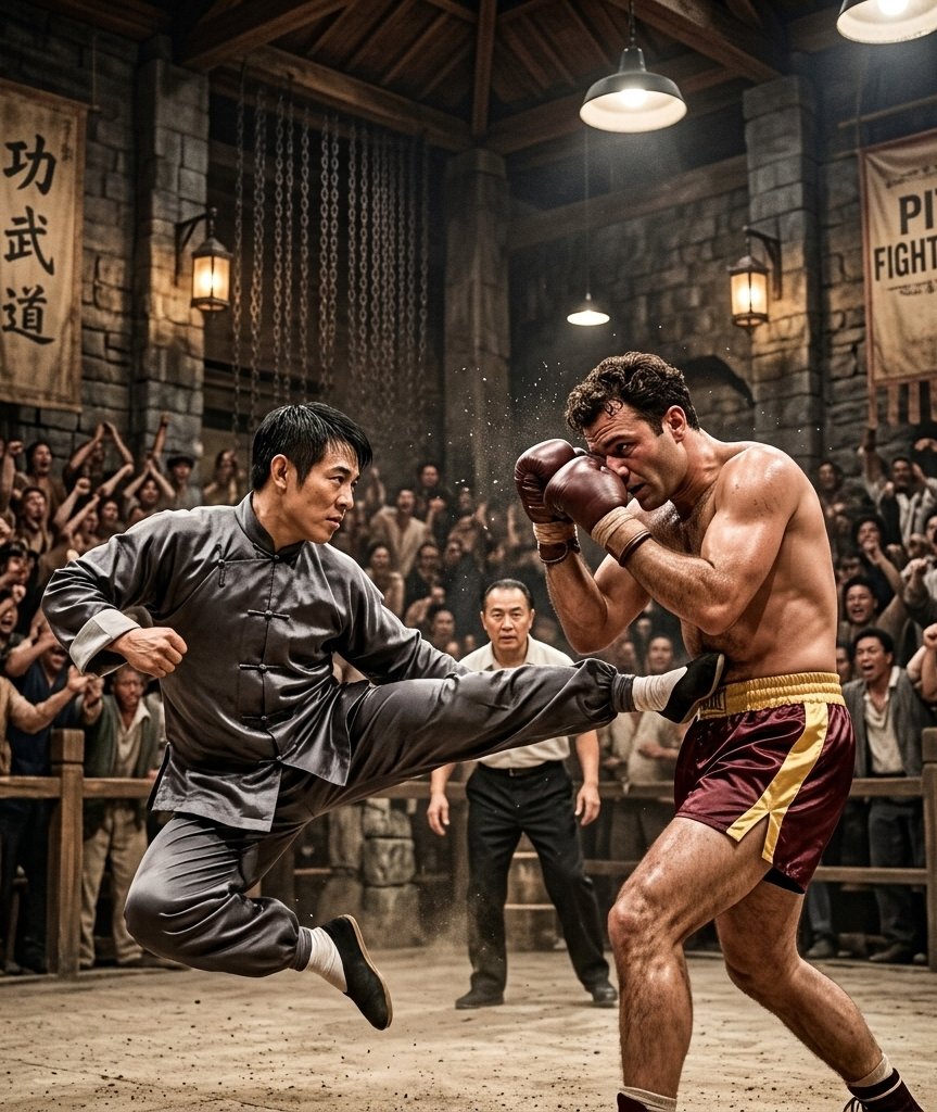 sebastiananticr's tweet photo. Jet Li vs. Jake LaMotta #JetLi #JakeLaMotta #Cine #Boxeo #Leyendas #IA #ArtesMarciales https://t.co/tVOMNbuOgi