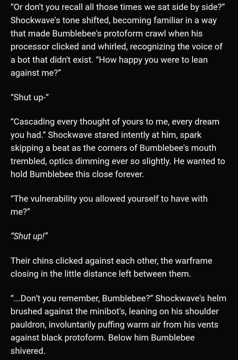 sheepcreature's tweet photo. Chapter 4 of fragments is up!! finally got this one out of wip hell
#shockbee #tfa
https://t.co/igkL7YyoQc https://t.co/MhJZl6bU8n