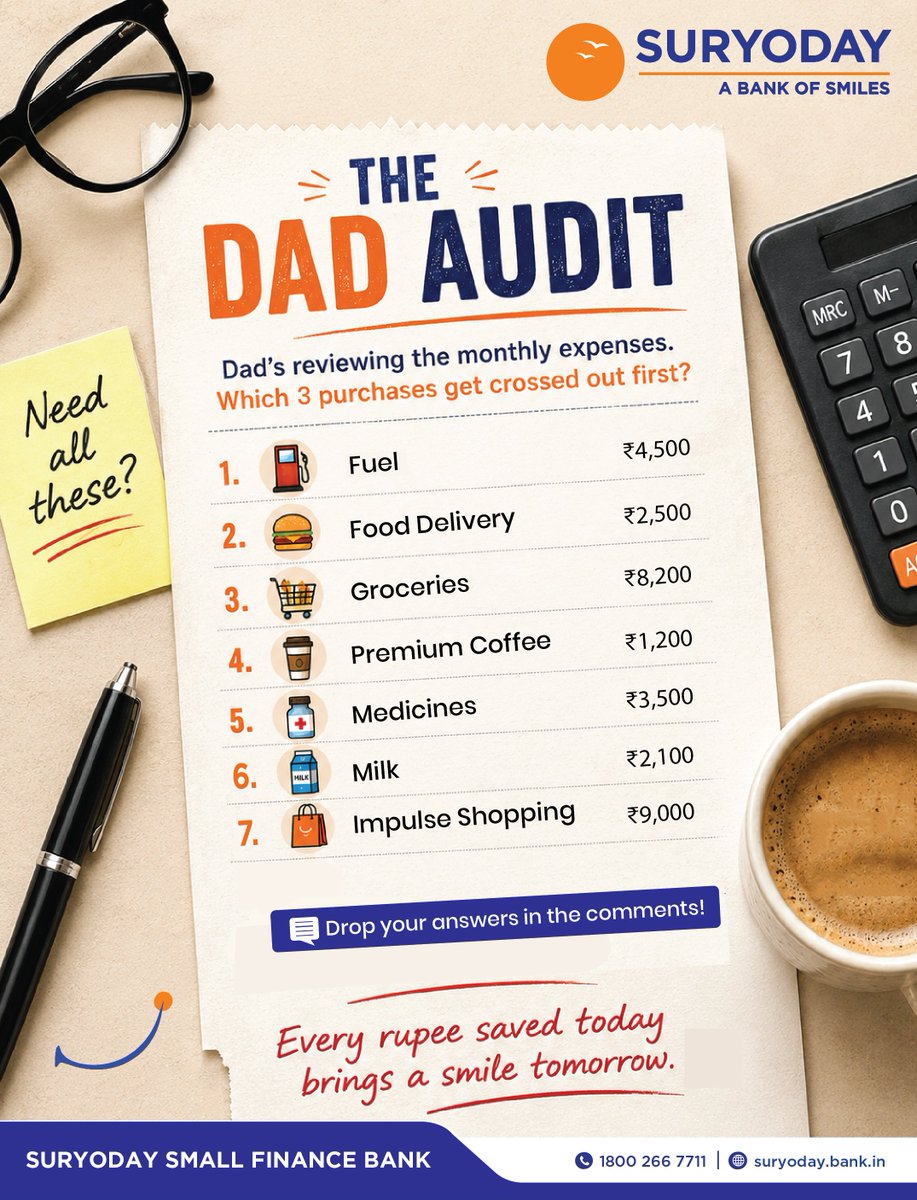 SuryodayBank's tweet photo. Every household has a "Dad Audit" moment! 
Can you spot the 3 expenses that Dad would cancel first.

Game rules:
1. Comment your answers
2. Tag 3 friends and ask them to follow our page

#fathersday #thedadaudit #contest #thankingdad #financialsector #bankofsmiles #suryodaybank https://t.co/gRfObBlvaa