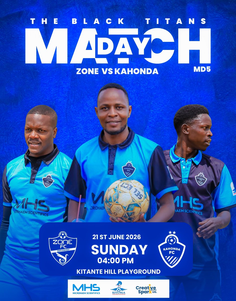 KahondaFc's tweet photo. 🚨 DERBY DAY IS HERE! 🚨

The ultimate local rivalry takes center stage for MD5. Zone VS Kahonda. No love lost, just pure football. 
🗓️ Sunday, 21st June 2026 
🕓 04:00 PM 
📍 Kitante Hill Playground
Powered by our proud partner, @Microhaem  Scientifics (MHS). Let’s go, Titans!⚡ https://t.co/4iTU7dXLgy