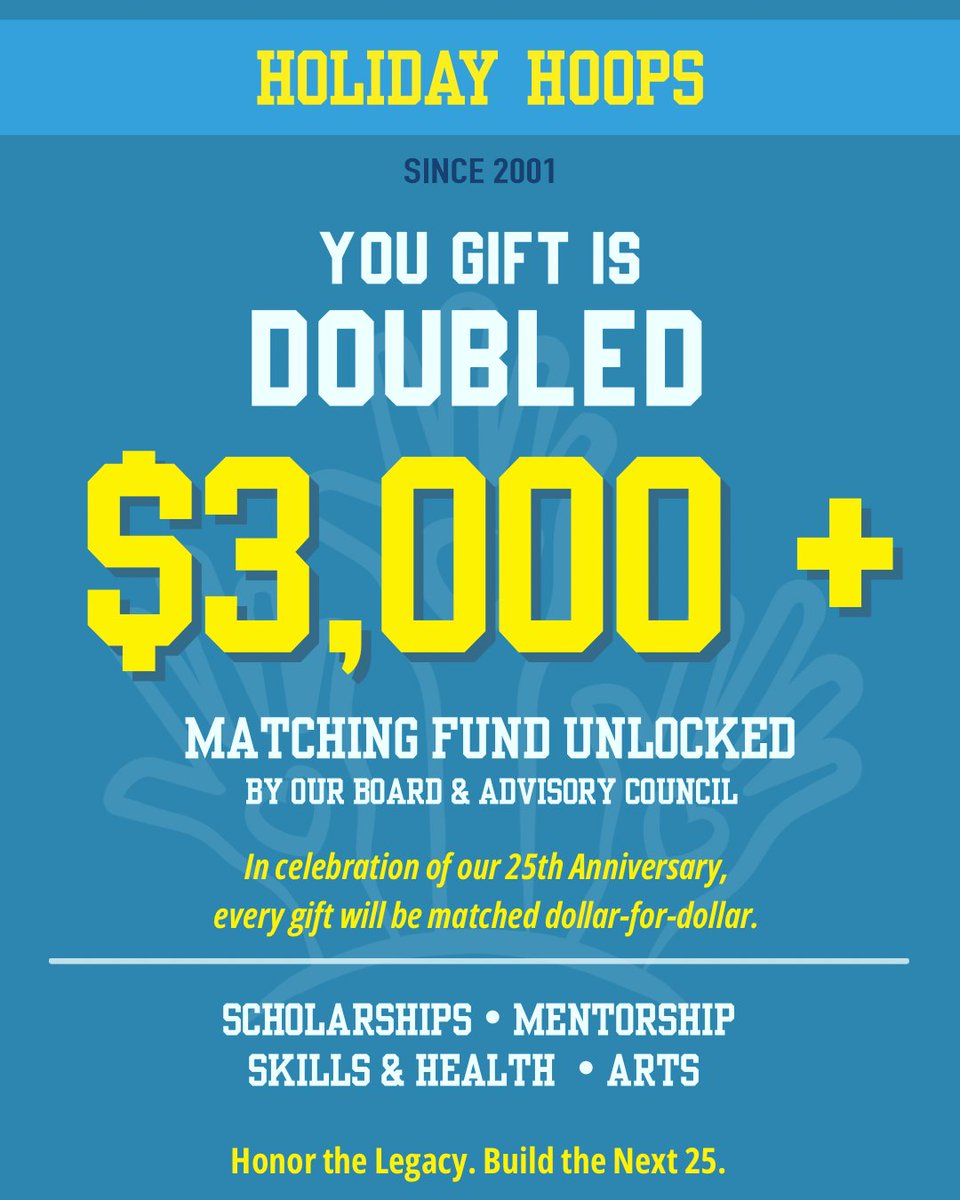 HolidayHoopsBB's tweet photo. 🎉 Founder’s Day Match Moment is here!

To celebrate 25 years of impact, every donation will be matched dollar-for-dollar thanks to $3,000+ committed by our Board &amp; Advisory Council.

Donate: https://t.co/zCxJFL9UGU

#HolidayHoops25 https://t.co/Ut7GrP9YIg