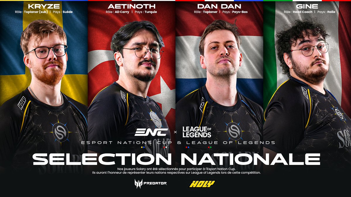 SolaryTV's tweet photo. Ils représenteront leur pays lors de l'Esport Nations Cup League of Legends !

🇸🇪 @KryzeLoL 
🇹🇷 @Aetinoth 
🇳🇱 @DanDanDoubleD 
🇮🇹 @LoLGine7 

Bonne chance à Gine et Dandan pour les qualifiers qui débutent aujourd'hui ! https://t.co/Vr2bCi7Rin