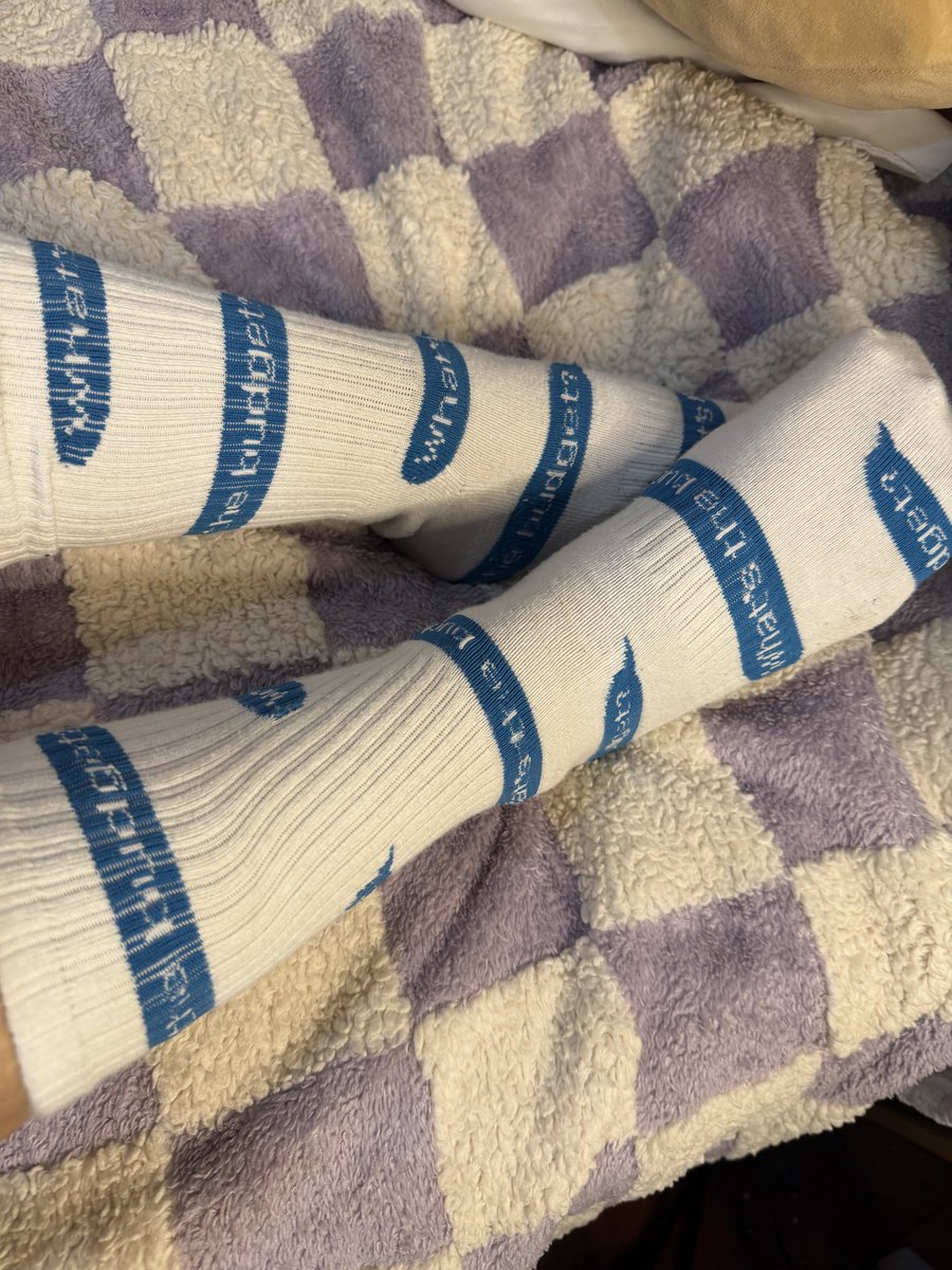 SquishyMala's tweet photo. thought i’d show off these “ what’s the budget? ” socks 🧦🔥 genius 👑 https://t.co/pd1pdZFpZG